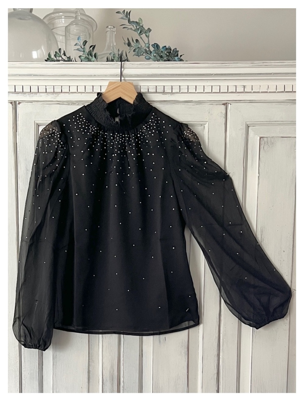 🟠NWT MAIN STRIP Crystal-Detail Sheer-Sleeved High Neck Blouse in Black